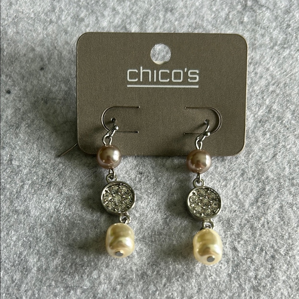Chico's Silver Tone Beaded Crystal Pearl Hook Earrings - Picture 2 of 10